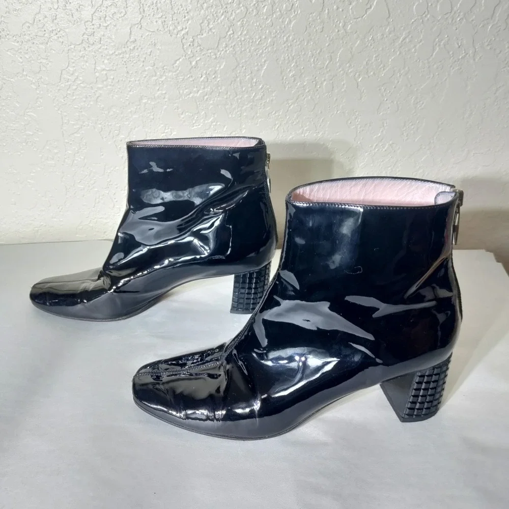 Kate Spade New York Black Patent Leather Square Toe Block Heel Ankle Boots 8.5 B